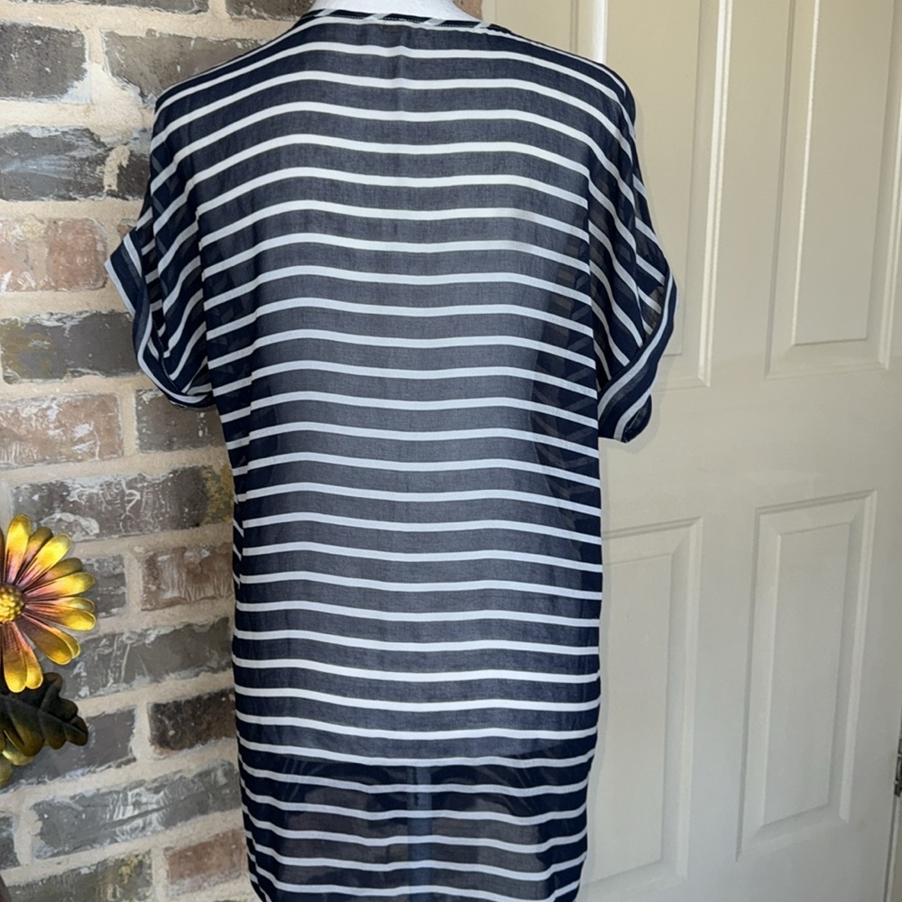 J. Crew Blue & White Stripe Tunic Blouse Sheer Voile Cap Sleeve Self Tie Sz XS - Picture 2 of 8